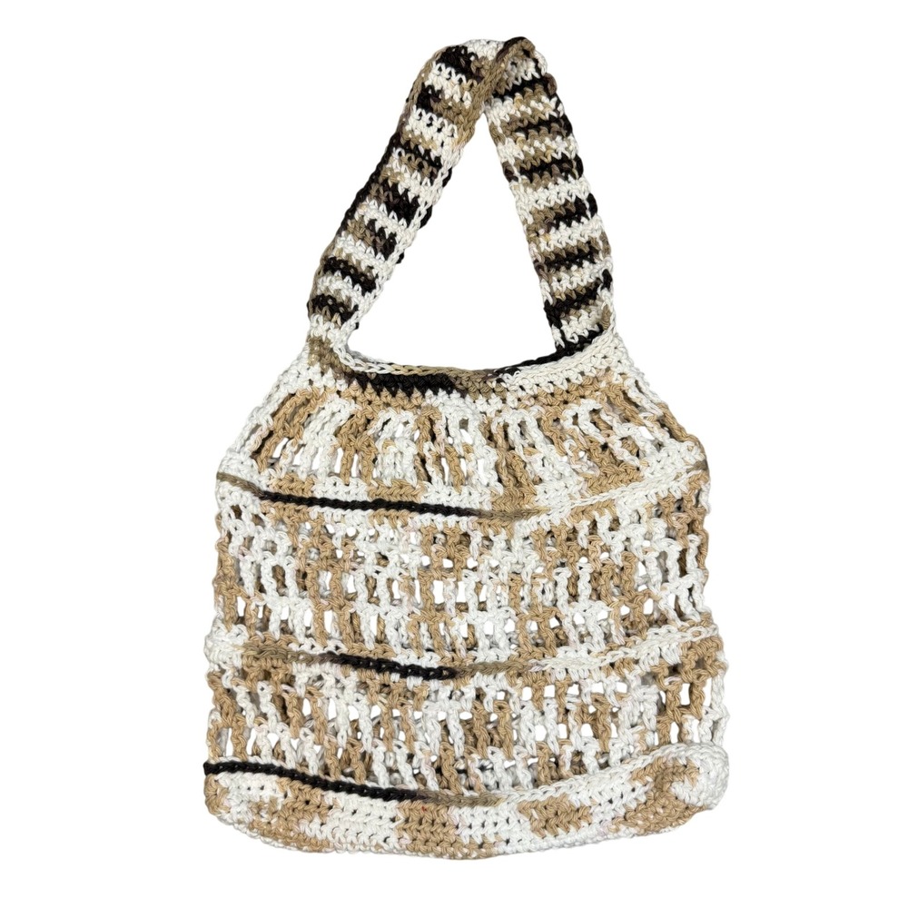 Handmade Crochet Hobo Bag Neutral Striped Open Knit Market Tote Boho Cream Brown